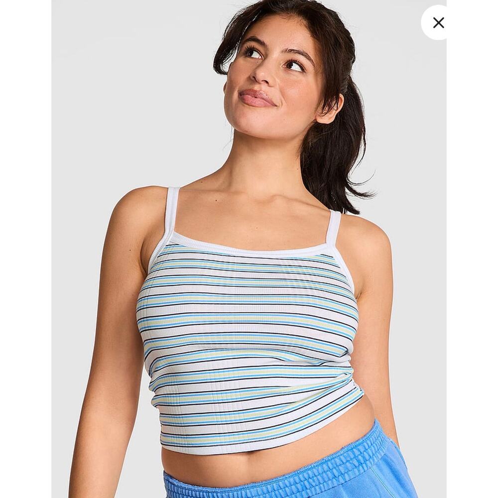 Victoria’s Secret PINK Ribbed Cami Top Cropped Medium NEW Blue Stripe
